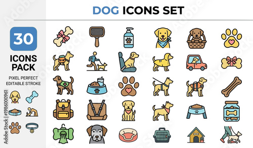 Dog breed pet care and domestic animal color vector icons