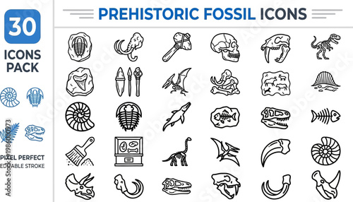 Prehistoric dinosaur fossils and archaeology line vector icon set