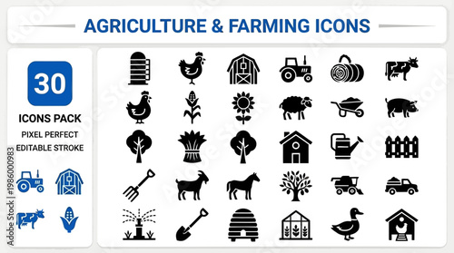 Traditional agriculture and livestock farming solid black vector icons