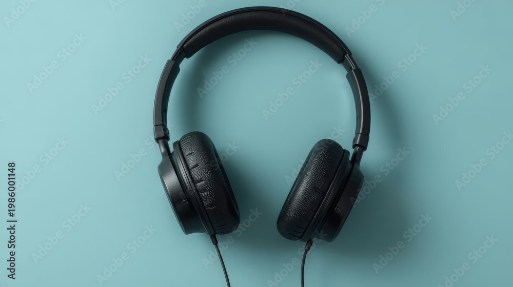 Fototapeta premium Black Headphones On Blue Background Minimal Music Lifestyle Concept