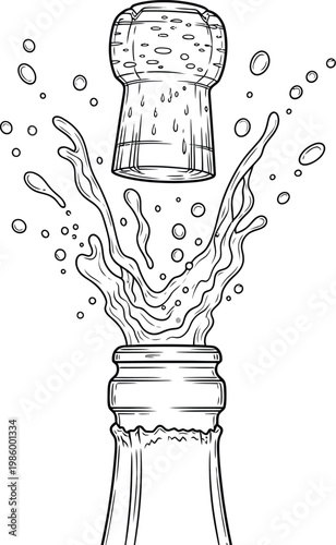Champagne cork popping out of a bottle with splashing liquid and bubbles