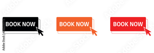 Close-up of a hand cursor pointing to a bright 'Book Now' button on a clean interface, ideal for travel, hotel, or service booking advertisements and digital marketing campaigns.