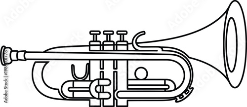 A detailed line drawing of a trumpet with valves and a bell