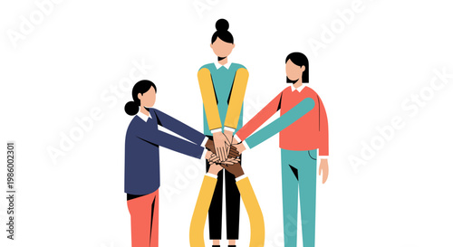 Teamwork concept illustration with diverse people stacking hands together