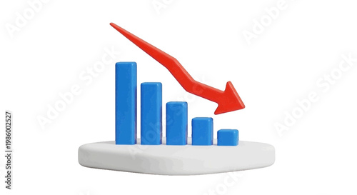 Vector illustration of 3d declining bar chart with red arrow on a transparent background