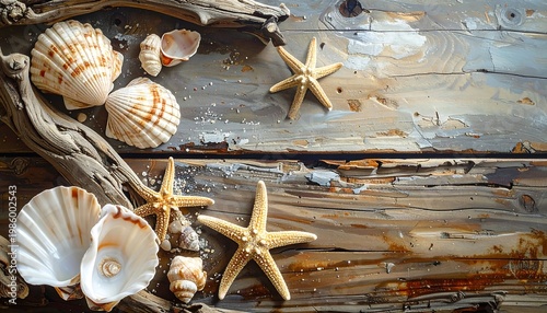 A serene arrangement of seashells and starfish on weathered wood