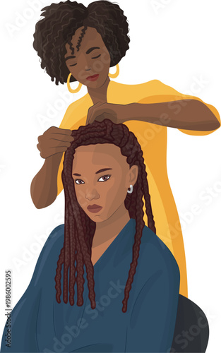 An African-American hairdresser styles the hair of a mixed-race woman wearing braids.