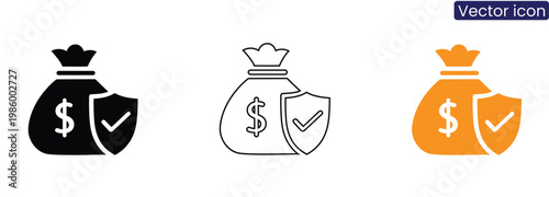Money bag with shield on white background vector icon set