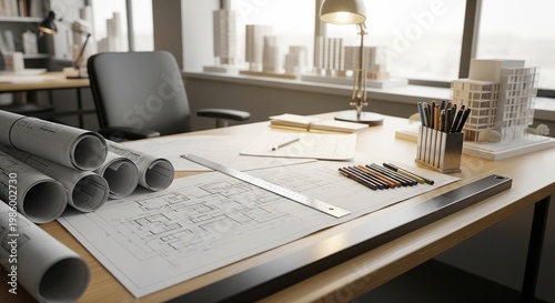 An architect's workspace covered with architectural blueprints, rolled plans, a metal ruler, pencils, and 3D building models in the background.