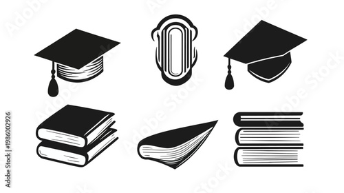 Collection of stylized monochrome illustrations, including graduation caps and books on a white background