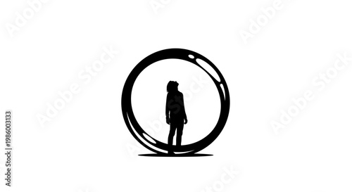 a silhouette of a woman standing inside a circle.