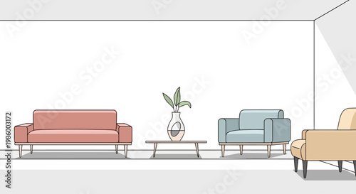 Minimalist living room with colorful sofas and a coffee table