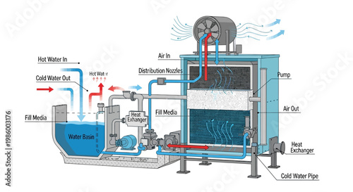 Diagram of a water cooling tower system with labeled components
