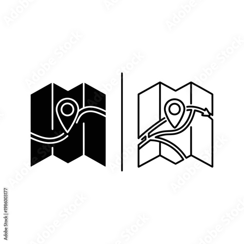Folded map and location pin icon for navigation and travel routes with location navigation direction destination pinpoint position discover