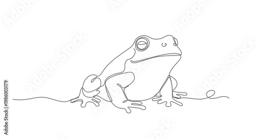 Single line drawing of a frog with closed eyes on a white background.