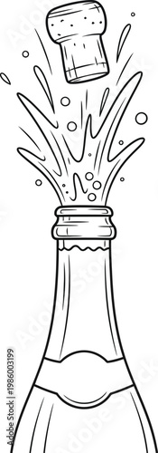 Champagne bottle opening with cork popping off and liquid splashing out