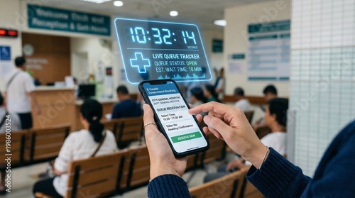 Patient Using Mobile App in Hospital Waiting Room for Appointment Management