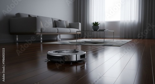 A modern robotic vacuum cleaner operating on a dark polished hardwood floor in a contemporary living room.