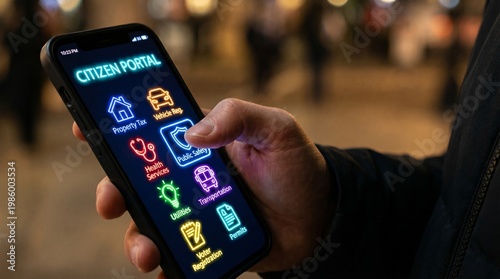 Mobile App Action, Digital Interaction, Urban Setting, Smartphone Display, Nighttime, Close-up View, Technology Engagement