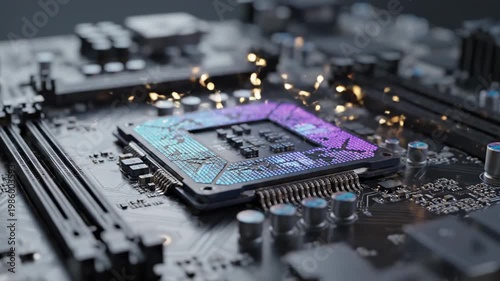 High performance computer processor chip with glowing light sparks representing artificial intelligence and advanced computing power.