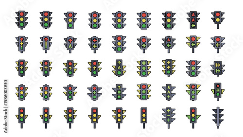 Extensive collection of diverse traffic light icons in various configurations, symbolizing traffic control, urban regulation, and safety.
