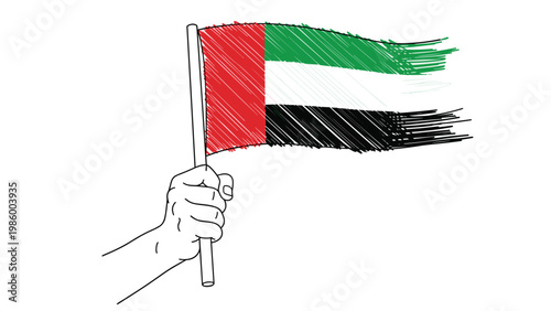Sketchy illustration of a hand proudly holding a waving United Arab Emirates flag, symbolizing patriotism, national pride, and solidarity.