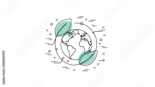 Stylized outline illustration featuring a globe intertwined with light green leaves and abstract lines, symbolizing global ecology and environment.