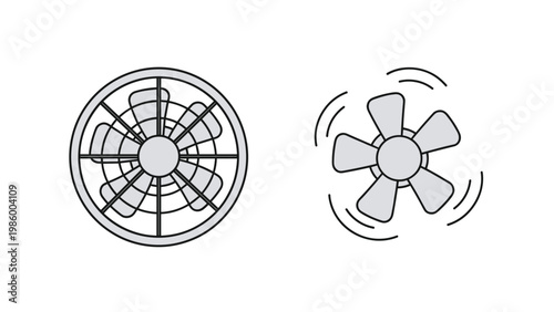 Two distinct fan icons, one static and one spinning, symbolizing ventilation, cooling, airflow, and air circulation devices.