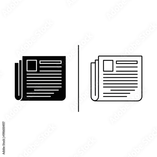 Newspaper icons in solid and outline versions representing media news and journalism concepts with newspaper journalism publication information
