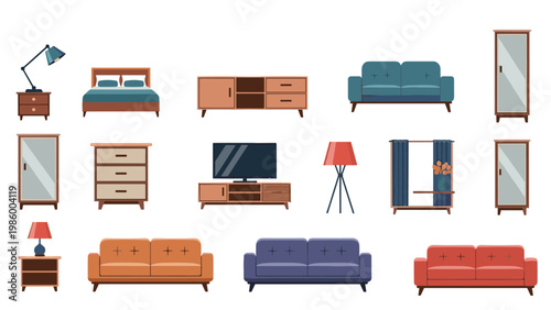 Extensive collection of diverse furniture pieces including beds, sofas, cabinets, and lamps, illustrating home decor and interior design.