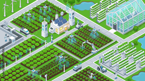 Isometric smart farm with advanced technology and sustainable agriculture practices.