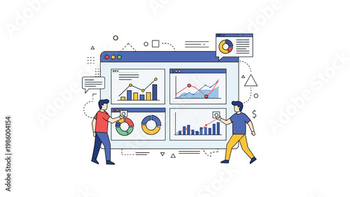 Businessmen analyzing financial data and statistics on a large digital screen with multiple charts and graphs, indicating data analysis.