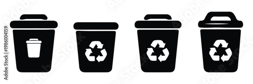 trash can and recycling bin icon set for waste management and environmental design elements. bin icon set with trash garbage waste disposal and recycle container symbols collection. Dustbin, bucket. 