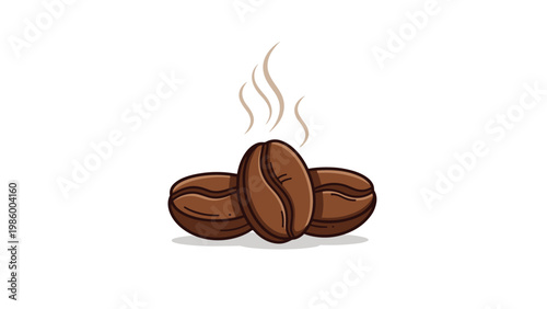 Close-up illustration of three dark roasted coffee beans with steam rising, representing freshness, aroma, and a warm beverage.