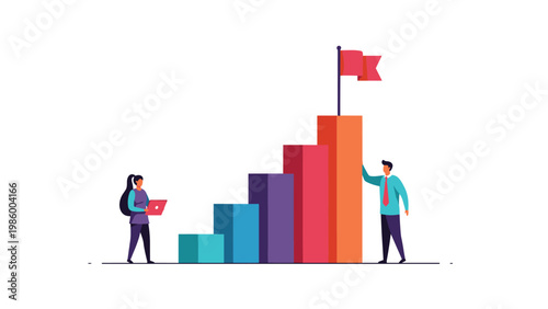 Dynamic illustration of two people standing next to an ascending bar chart with a flag on top, symbolizing business goals and achievement.