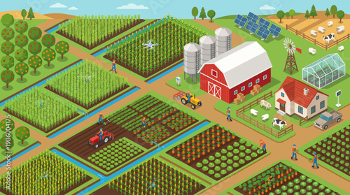 Isometric view of a modern smart farm with various crops and agricultural technology.