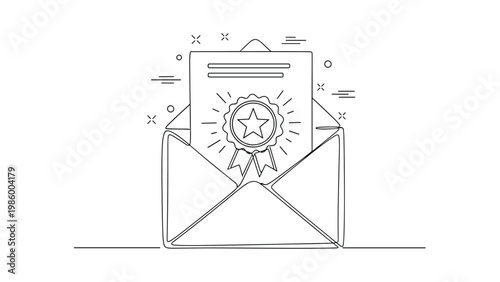 Opened envelope with an official document inside, showcasing a star-shaped seal or badge, symbolizing achievement and certification.