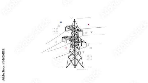 Electrical transmission tower in line art style with abstract geometric shapes, symbolizing power, energy, and infrastructure.