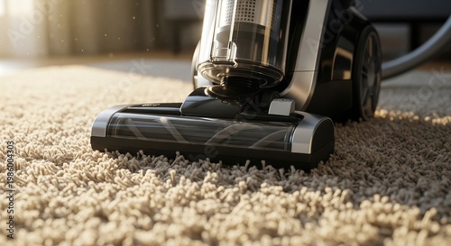 A detailed close-up shot of a vacuum cleaner head moving across a plush, beige carpet in a sunlit room.