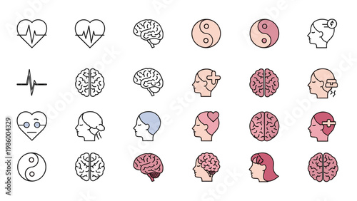 Diverse collection of health and mind-related icons, featuring heartbeats, brains, yin-yang symbols, and human head profiles.