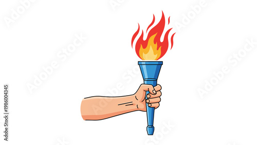 Hand firmly gripping a torch with a vibrant, blazing flame, symbolizing victory, leadership, inspiration, and light.