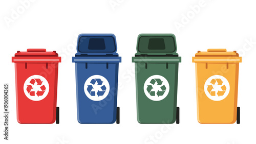 Four distinct colorful recycling bins (red, blue, green, yellow) with prominent recycle symbols, indicating waste sorting.