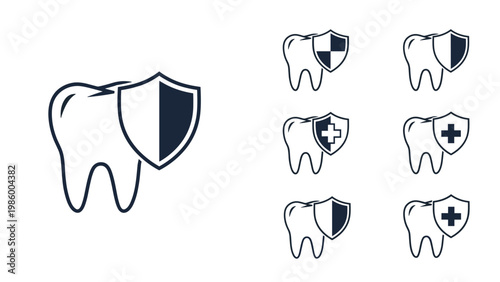 Large outline icon of a tooth protected by a shield, with variations featuring different shield designs, symbolizing dental protection.