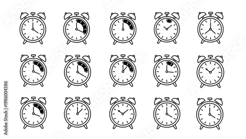 Collection of 15 alarm clock icons, displaying various times and timer settings, rendered in a distressed line art style.