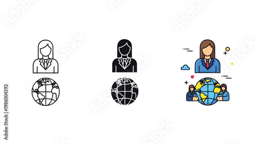 Three variations of a business woman and globe icon, illustrating global business, leadership, and international women's initiatives.