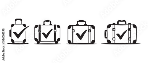 Travel Luggage Suitcases Line Art Icons. with Checkmarks Indicating Approval for Various Sizes of Baggage.