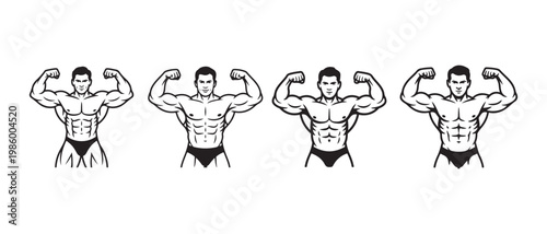 Muscular Bodybuilder Illustration Flexing Biceps and Abs on White Background, Depicting Strength and Fitness.
