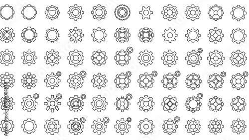 Extensive grid of diverse gear icons, featuring numerous variations in line art and intricate internal designs.
