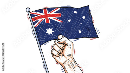 Hand holding an Australian flag aloft, depicted with a textured, scribbled style, symbolizing national pride and patriotism.