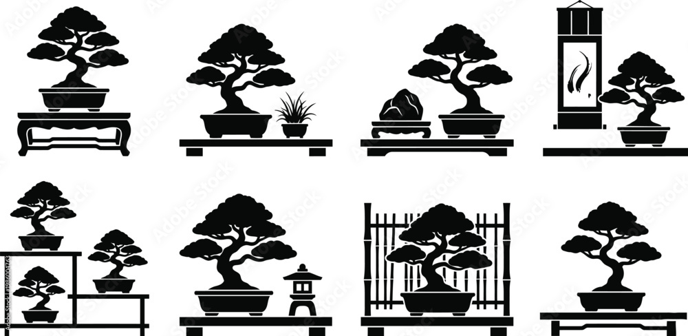 Obraz premium Bonsai Display Elements Silhouette Vector Set
